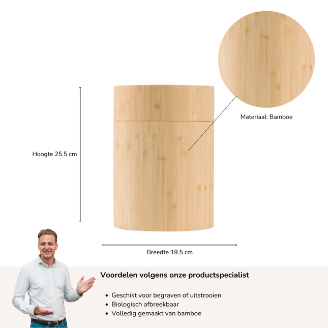 Afmetingen voor Eco Burial urn van bamboe