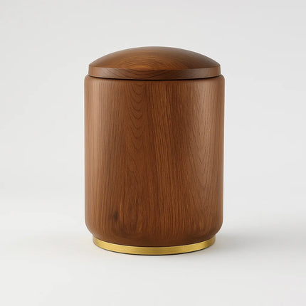 Houten Urn | Cilinder op Goudkleurig Voet | Donker Eikenhout