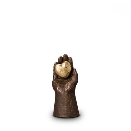 Keramische Mini Urn | Hand met Hart | Brons