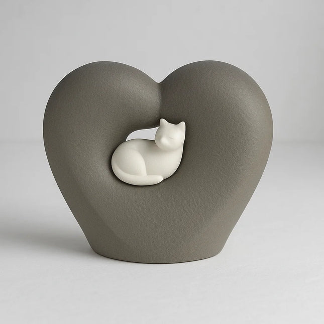 Porseleinen Katten Urn | Hart met Katje | Grijs